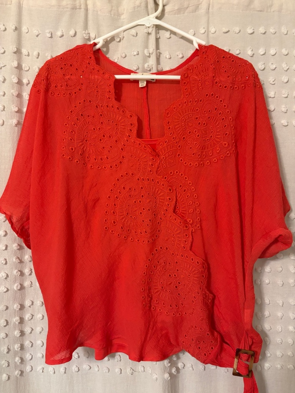 Women’s Coral Red Eyelet Embroidered Blouse - Size XXL